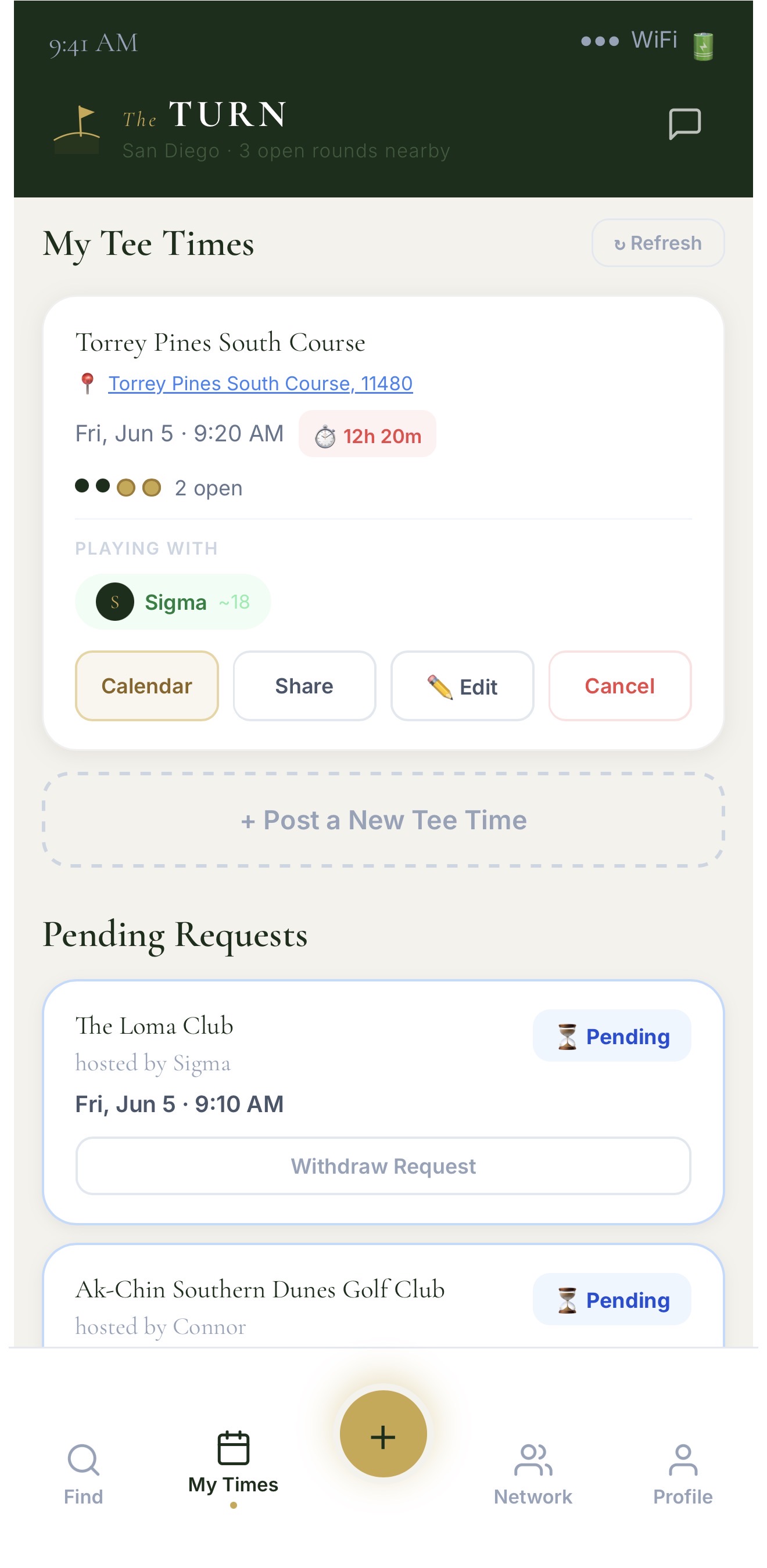 The Turn — My Tee Times and Pending Requests